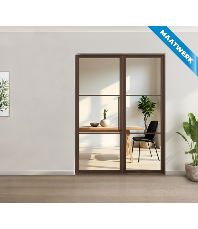 Enkele stalen taatsdeur met glaspaneel, 3 vlaks, brons, helder glas