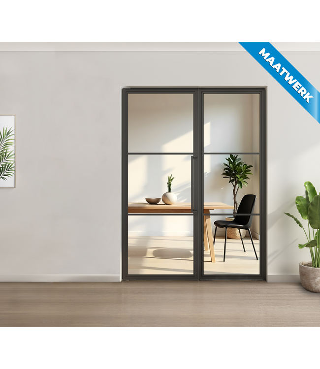 Enkele stalen taatsdeur met glaspaneel, 3 vlaks, mat glas