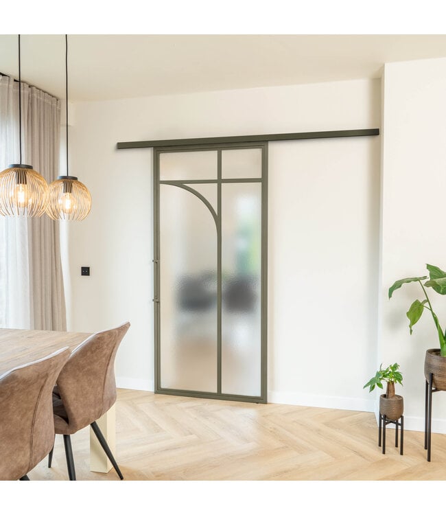 Stalen Schuifdeur koofsysteem - Olijfgroen - 5 Vlaks rond - Kanaalglas