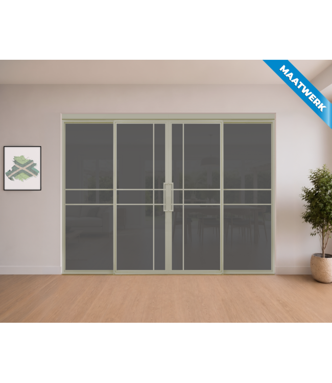 Dubbele stalen Schuifdeuren met koofsysteem en glaspanelen - Kiezelgrijs - 6 Vlaks - Maatwerk - Mat glas - Luxe design