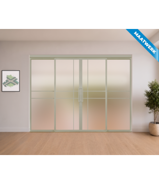 Dubbele stalen Schuifdeuren met koofsysteem en glaspanelen - Kiezelgrijs - 6 Vlaks - Maatwerk - Mat glas - Luxe design