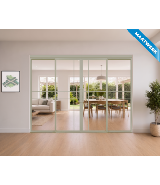 Dubbele stalen Schuifdeuren met koofsysteem en glaspanelen - Kiezelgrijs - 6 Vlaks - Maatwerk - Helder glas - Luxe design