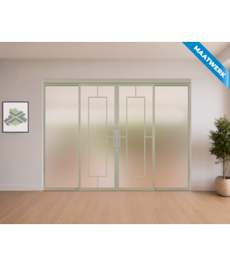 Dubbele stalen Schuifdeuren met koofsysteem en glaspanelen - Kiezelgrijs - 5 Vlaks - Maatwerk - Mat glas