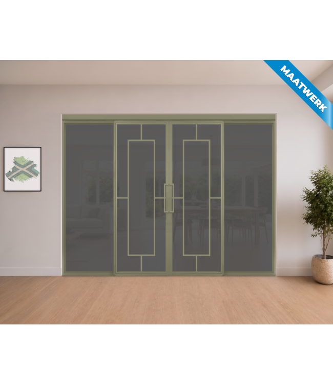 Dubbele stalen Schuifdeuren met koofsysteem en glaspanelen - Olijfgroen - 5 Vlaks - Maatwerk - Mat glas
