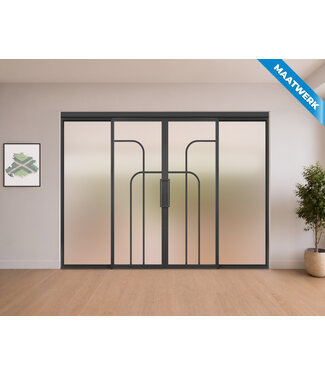 Dubbele stalen Schuifdeuren met koofsysteem en glaspanelen - Zwart - 4 Vlaks rond - Maatwerk - Mat glas