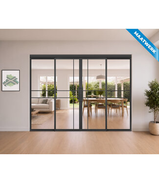 Dubbele stalen Schuifdeuren met koofsysteem en glaspanelen - 6 Vlaks - Maatwerk - Luxe design - Helder glas