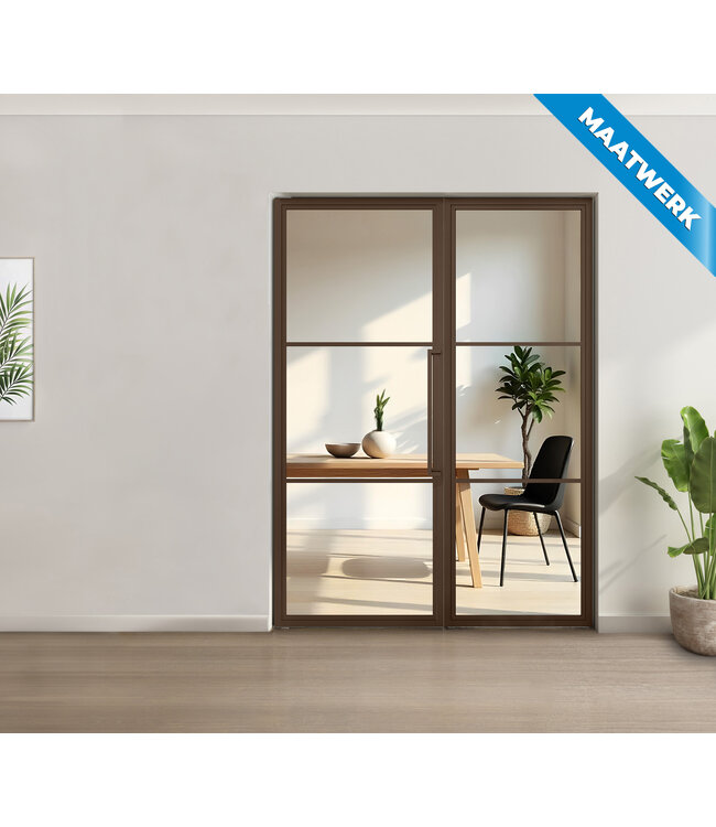 Enkele stalen taatsdeur met glaspaneel, 3 vlaks, brons, brons rook glas