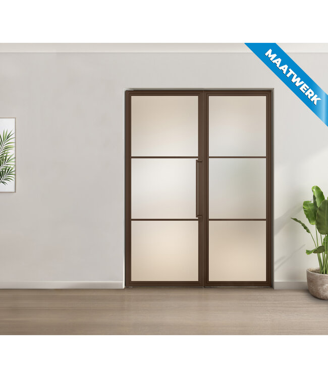 Enkele stalen taatsdeur met glaspaneel, 3 vlaks, brons, brons rook glas