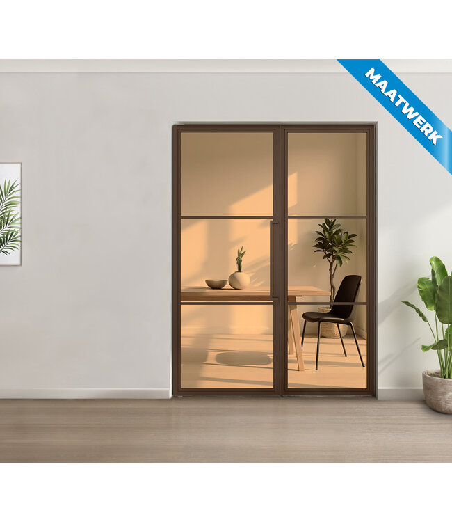 Enkele stalen taatsdeur met glaspaneel, 3 vlaks, brons, mat glas