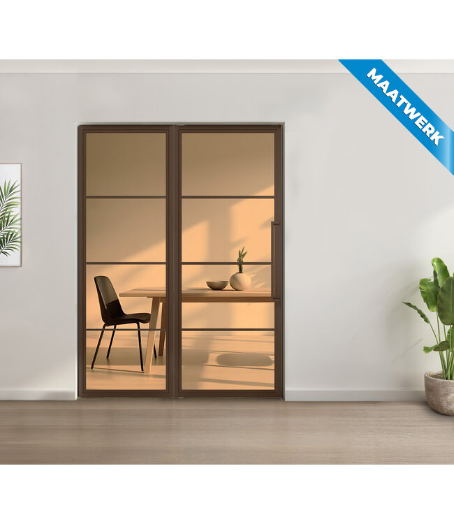 Enkele stalen taatsdeur met glaspaneel, 4 vlaks, brons, mat glas