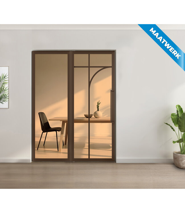 Enkele stalen taatsdeur met glaspaneel - Brons - 5 Vlaks rond - Mat glas