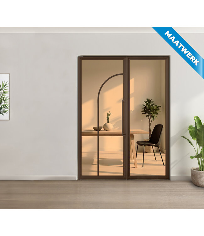 Enkele stalen taatsdeur met glaspaneel - Brons - 2 Vlaks rond - Rook glas