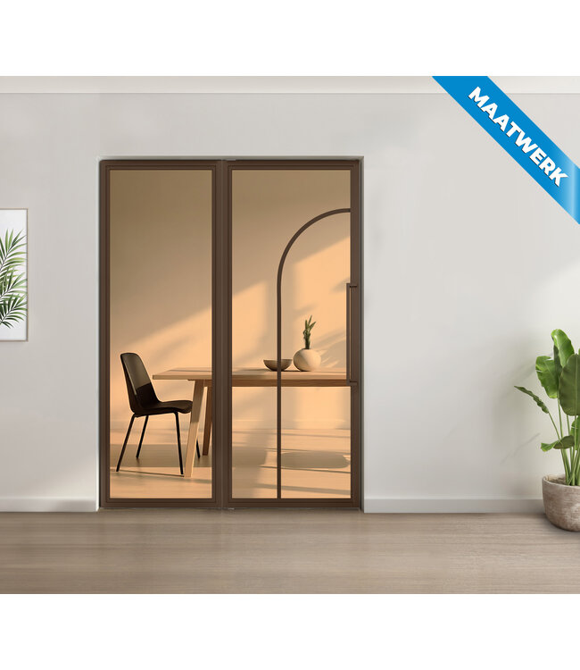 Enkele stalen taatsdeur met glaspaneel - Brons - 2 Vlaks rond - Rook glas