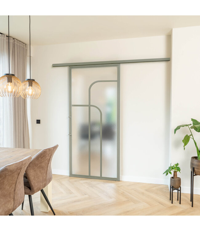 Stalen Schuifdeur met koofsysteem - Kiezelgrijs - 4 Vlaks rond - Matglas