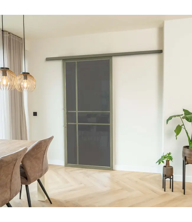 Stalen Schuifdeur met koofsysteem - Olijfgroen - 6 Vlaks - Kathedraalglas - Luxe design