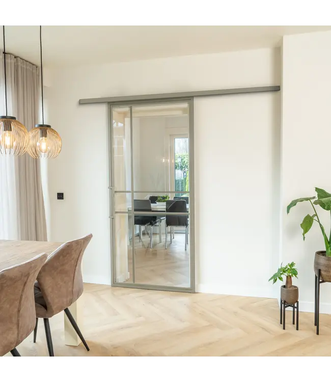 Stalen Schuifdeur met koofsysteem - Kiezelgrijs - 6 Vlaks - Kathedraalglas - Luxe Design