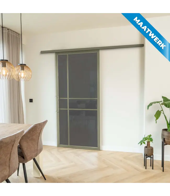 Stalen Schuifdeur met koofsysteem - Olijfgroen - 6 Vlaks - Maatwerk - Kathedraalglas - Luxe design