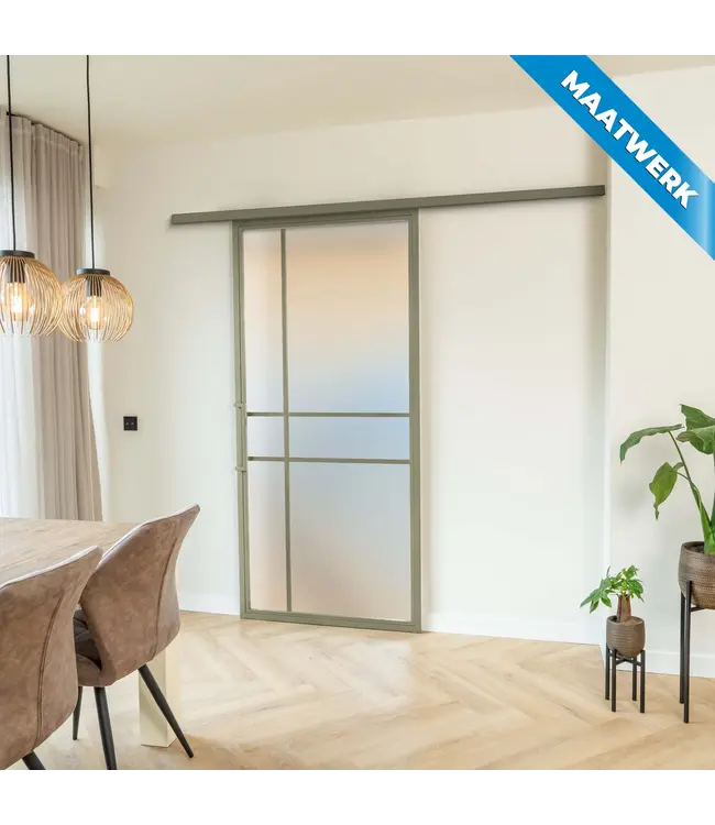 Stalen Schuifdeur met koofsysteem - Olijfgroen - 6 Vlaks - Maatwerk - Kathedraalglas - Luxe design