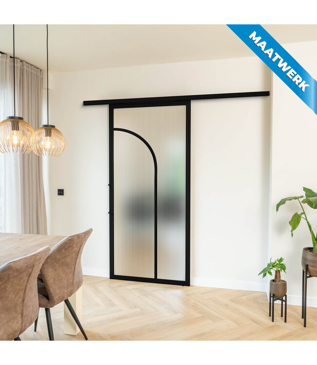 Stalen Schuifdeur met koofsysteem - Zwart - 2 Vlaks rond - Maatwerk - Mat glas