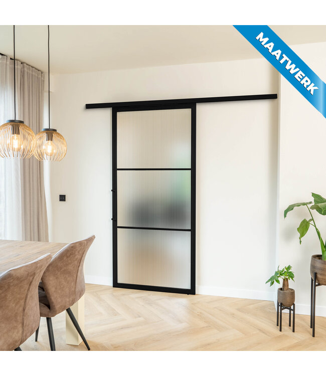 Stalen Schuifdeur met koofsysteem - Zwart - 3 Vlaks - Maatwerk - Mat glas
