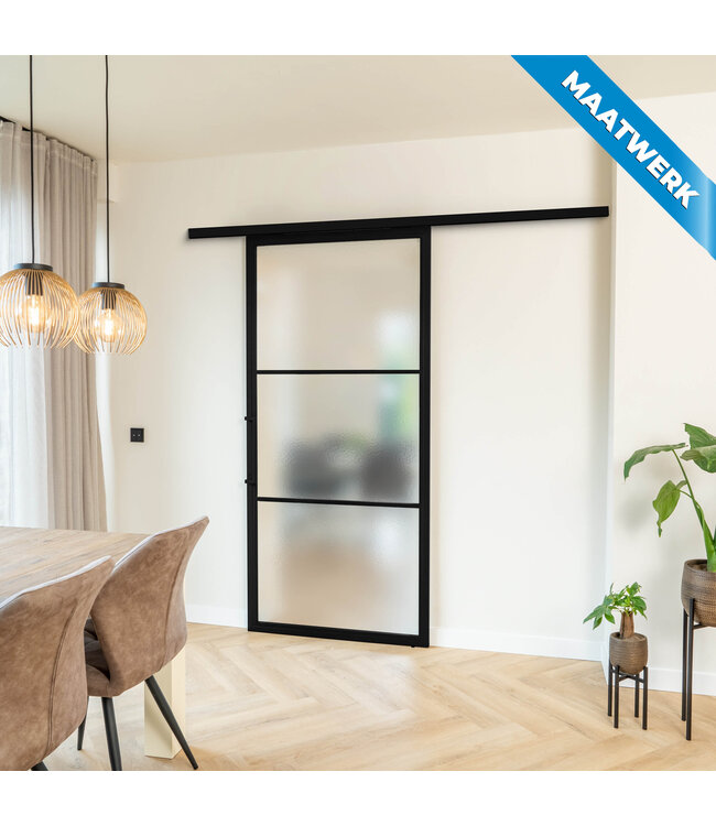 Stalen Schuifdeur met koofsysteem - Zwart - 3 Vlaks - Maatwerk - Mat glas