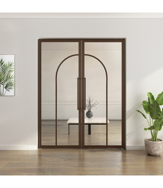 Dubbele stalen taatsdeur - Brons - 2 Vlaks rond - Mat glas*
