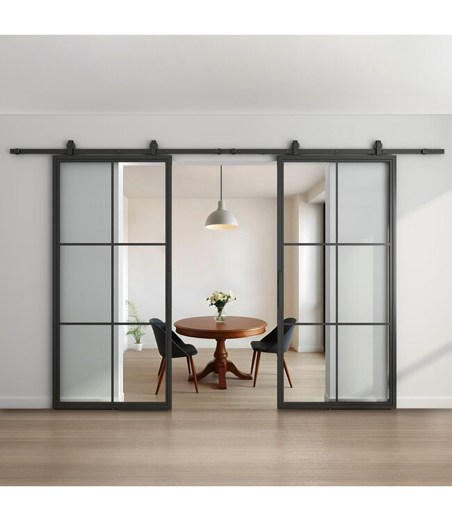 Dubbele stalen schuifdeur - Zwart - 6 Vlaks - Helder glas*