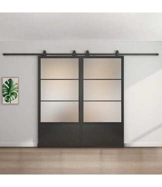 Dubbele stalen schuifdeur - Zwart - 3 Vlaks met kickplate - Mat glas*