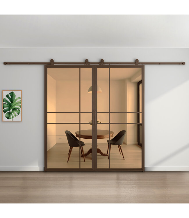 Dubbele stalen schuifdeur - 6 Vlaks - Brons - Helder glas - Luxe design*
