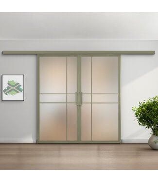 Dubbele stalen schuifdeur met koofsysteem - 6 Vlaks - Olijfgroen - Mat glas - Luxe design*