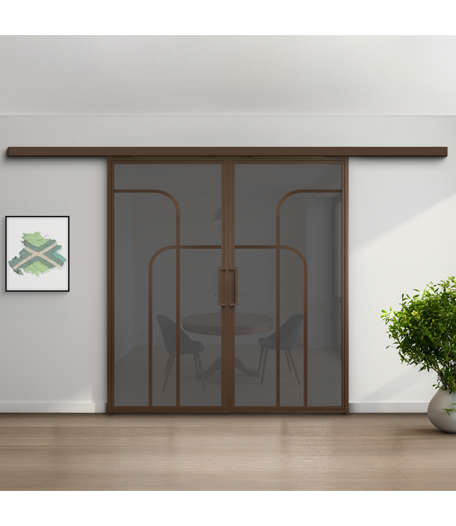 Dubbele stalen schuifdeur koofsysteem - Brons - 4 Vlaks rond - Mat glas*
