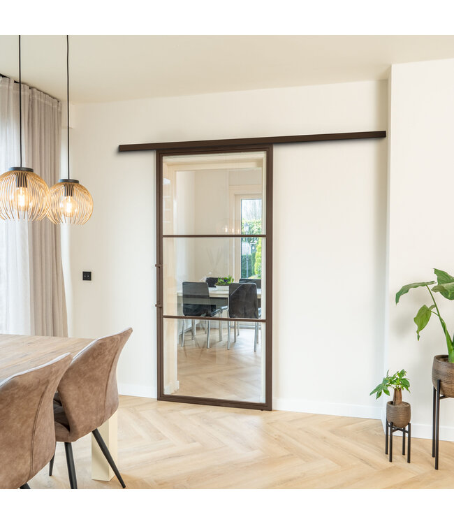Stalen Schuifdeur met koofsysteem - 3 Vlaks - Brons - Mat glas*