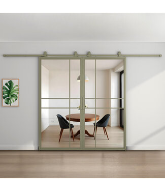 Dubbele stalen schuifdeur - 6 Vlaks - Olijfgroen - Helder glas - Luxe design*