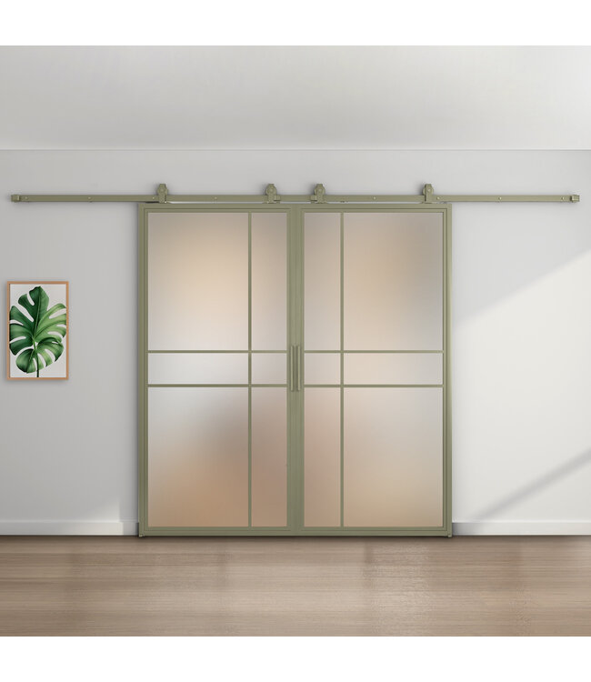 Dubbele stalen schuifdeur - 6 Vlaks - Olijfgroen - Helder glas - Luxe design*
