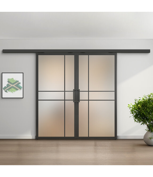 Dubbele stalen schuifdeur met koofsysteem - Zwart - 6 Vlaks - Helder glas - Luxe design*