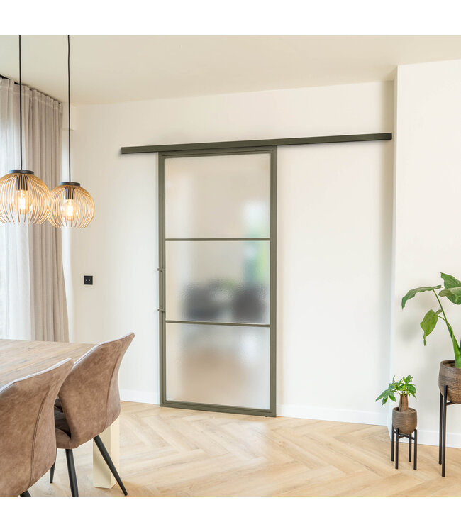 Stalen Schuifdeur met koofsysteem - 3 Vlaks - Olijfgroen - Mat glas