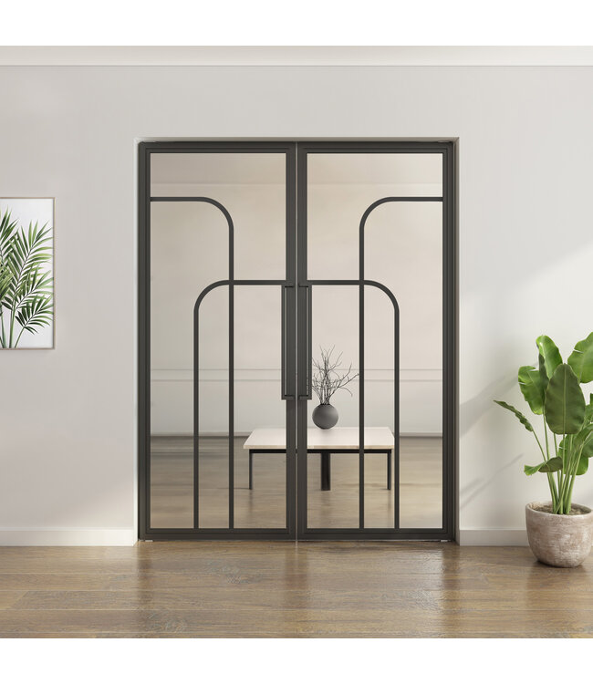 Dubbele stalen taatsdeur - Zwart - 4 Vlaks rond - Rook glas*