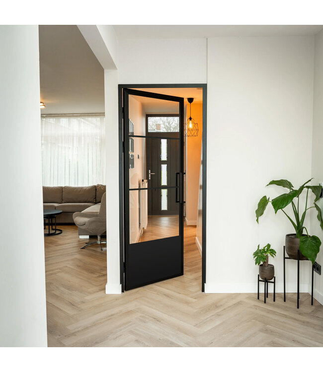 OUTLET: Stalen Binnendeur - Zwart - 3 Vlaks met kickplate - Helder glas