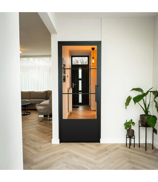 OUTLET: Stalen Binnendeur - Zwart - 3 Vlaks met kickplate - Helder glas
