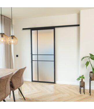 OUTLET: Stalen Schuifdeur met koofsysteem - Zwart - 6 Vlaks - Mat glas - Luxe design