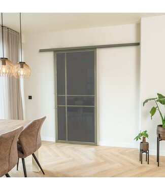 OUTLET: Stalen Schuifdeur met koofsysteem - 6 Vlaks - Olijfgroen - Rook glas - Luxe design