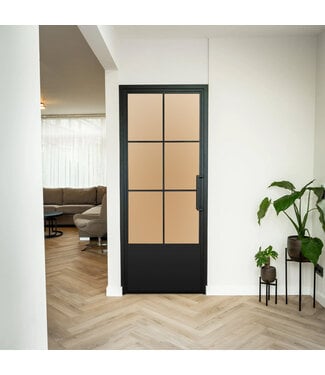 OUTLET: Stalen Binnendeur - Zwart - 6 Vlaks met kickplate - Mat glas