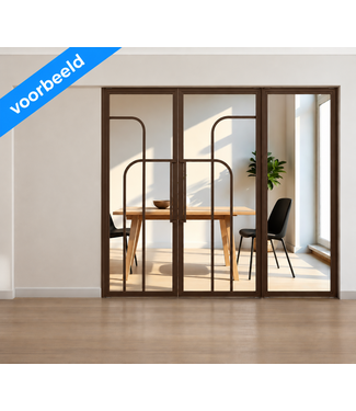 OUTLET: Dubbele stalen taatsdeuren met 1 glaspaneel - Brons - 4 Vlaks rond - 2415x2411 - Helder glas