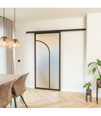 OUTLET: Stalen Schuifdeur met koofsysteem 2100x1000 - 6 Vlaks - Brons - mat glas - Luxe design