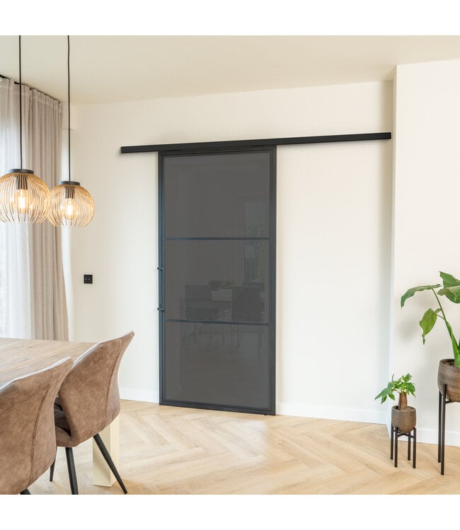 Stalen Schuifdeur met koofsysteem - Zwart - 3 Vlaks - Mat glas*