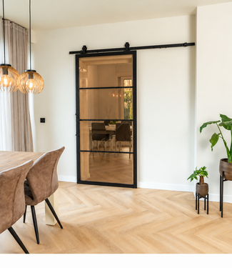 OUTLET: Stalen Schuifdeur - Zwart - 4 Vlaks - Brons rookglas - 215 x 100