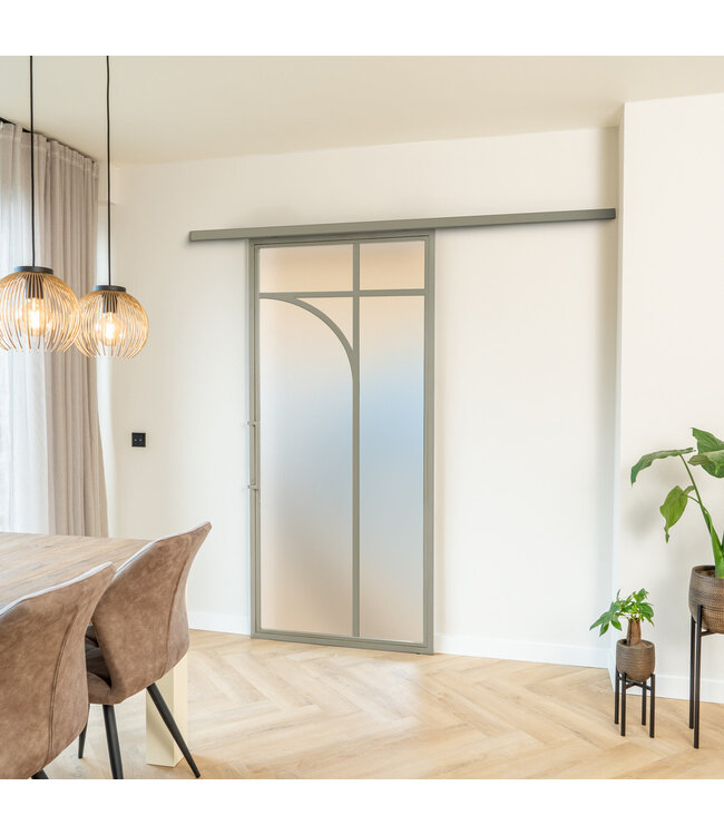 Stalen Schuifdeur met koofsysteem - Kiezelgrijs - 5 Vlaks rond - Helder glas*