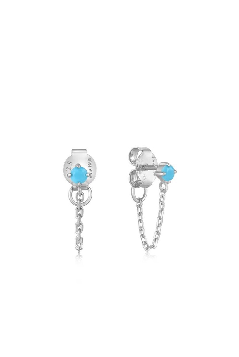 Silver Turquoise Chain Drop Stud Earrings