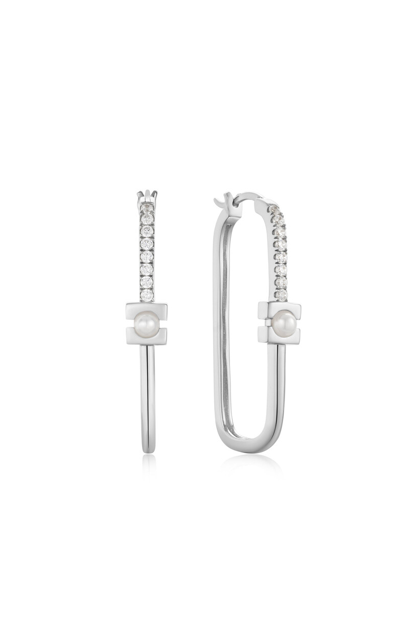 Silver Pearl Modern Oval Hoop Earrings