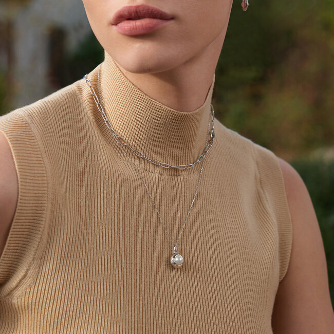 Zilveren anker ketting met hanger met een parel 48 cm
